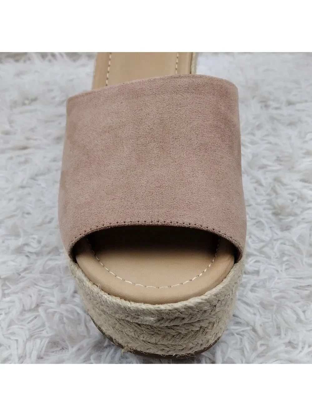 NINE West Adell Pink Faux Suede Open Toe Ankle Strap Platform Wedge Espadrilles
